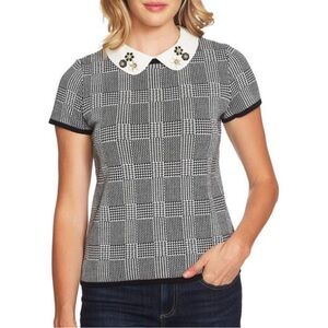 CECE Black and White Checkered Houndstooth Top with Embellished Collar Small